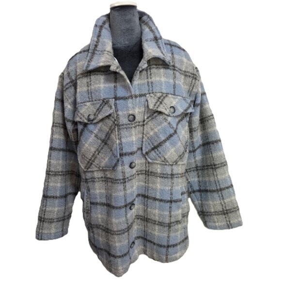 Jade & Ivory Blue and Gray Plaid Wool Blend Shacket with Pockets - XL - Picture 2 of 10